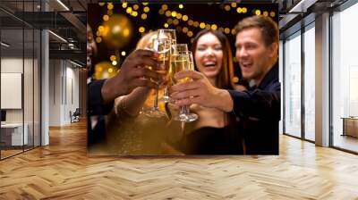 Cheerful multi-racial friends clinking champagne glasses, corporate event, fun Wall mural