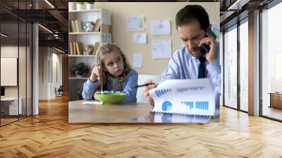 Cute girl need parental attention, father ignoring daughter talking on phone Wall mural