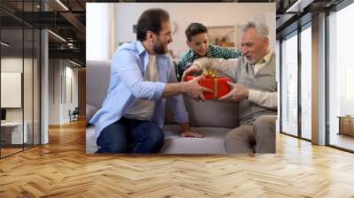 Father and son making birthday surprise for senior grandpa, giving gift box Wall mural