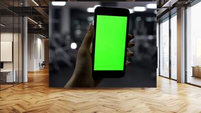 Female hand holding smartphone in gym, green screen, online fitness application Wall mural