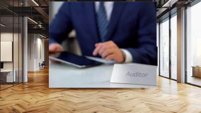 Financial auditor working on tablet pc, scrolling and zooming files on screen Wall mural