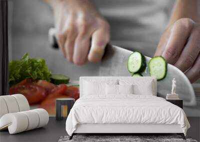 Housewife hands cutting cucumber on kitchen board, vegetable salad cooking steps Wall mural