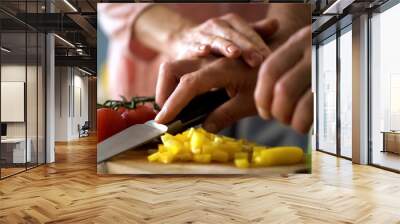 Loving wife holding husband hands, cooking family dinner together, nutrition Wall mural