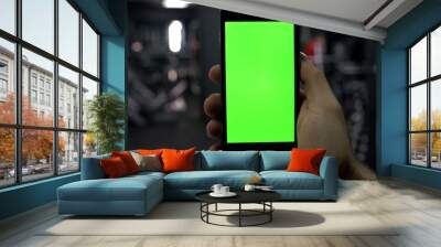 Male hand with smartphone in gym, fitness application results, green screen Wall mural