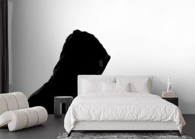 silhouette of man wearing hoodie standing on white background, shadow, anonymous Wall mural