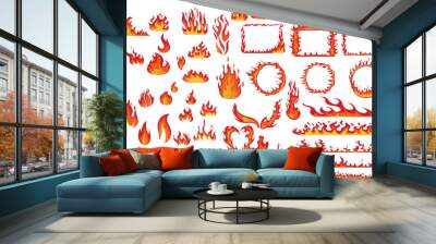 Cartoon red flame. Fire flames, hot fireball, danger wildfire campfire and bonfire elements, fire frames and flaming borders isolated vector set Wall mural