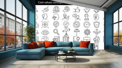 Core values concept. Integrity, mission, vision, trust, purpose, leadership and growth editable stroke outline icons set isolated on white background flat vector illustration. Pixel perfect. Wall mural