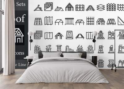 Roof icons set. Construction and roofing repair of the roof of the house. Property and characteristics of different types of roofs. Layers of materials, tools, linear icon. Line with editable stroke Wall mural