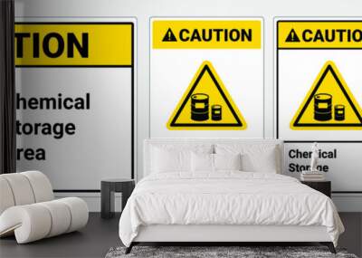 Caution Chemical storage area sign. Yellow triangle symbol. Wall mural