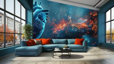 An elongated banner featuring a photorealistic blue-tinted heart with a vivid ECG wave crossing the image. Generative AI Wall mural