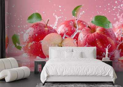 Red apple slices with a green leaf flying in the air, water splashes isolated on a pink background Wall mural