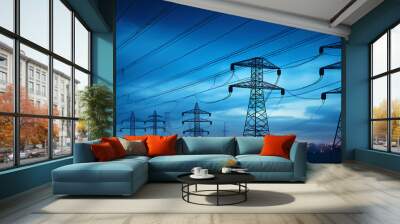  high-voltage tower and power lines with abstract defocused city lights at night, transmission of electricity for urban life Wall mural