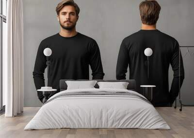 A man wears a plain black t-shirt, front and back, for a t-shirt design mock up Wall mural