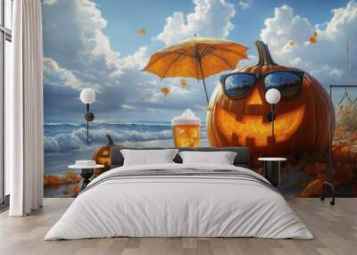 A whimsical beach scene featuring a carved pumpkin with sunglasses, a tropical drink, and a sunny sky.
 Wall mural