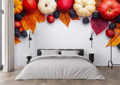 Autumn leaves and autumn fruits on white background with copy space
 Wall mural