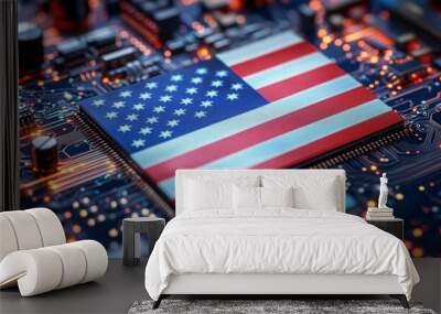 Microchip circuit on motherboard with America flag. 4th of July or America independence day. Wall mural