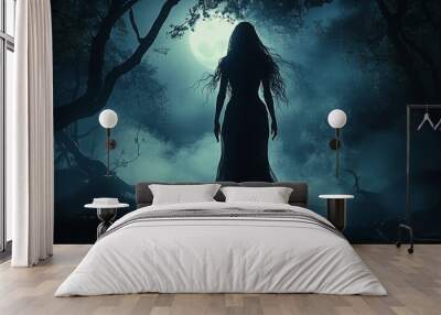 Terrifying female ghost with black hair in a dark forest. silhouette concept Wall mural