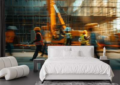 Image of the movement of engineers and construction workers in the construction zone. Ai generate. Wall mural