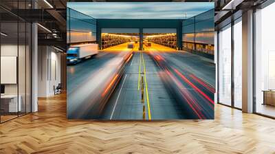 Motion blur of container trucks entering and leaving an international logistics distribution warehouse. Ai generate. Wall mural