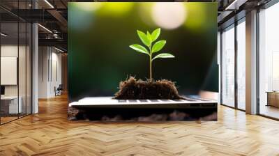 A green plant sprouts from a laptop keyboard. Eco system concept, sustainability. Generative AI. Wall mural