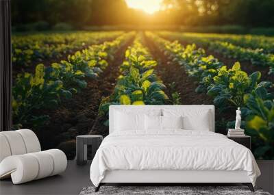 A field of young green plants growing in rows under a bright sunset. Wall mural