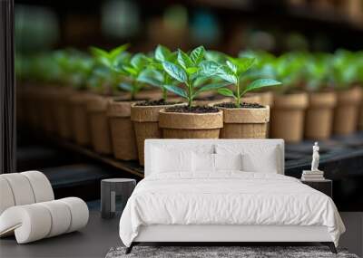 A row of young green plants in biodegradable pots, ready for planting. Wall mural