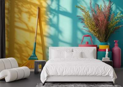 Colorful Broom and Bottles with Flowers in a Sunlit Room Wall mural