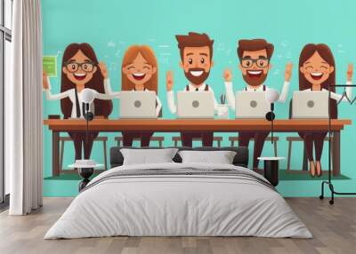 Five happy office workers are sitting at a table with their laptops and smiling. They are all wearing business casual attire and have a positive attitude. Wall mural