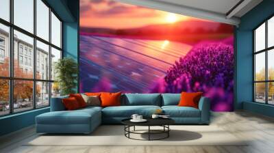 Solar panels in a field of lavender at sunset. Wall mural