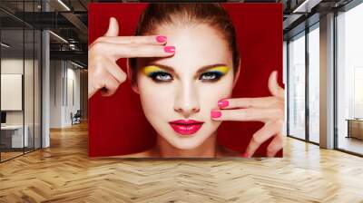 beautiful colorful makeup. perfect skin, red lips and manicured nails. sexy eyes. Wall mural