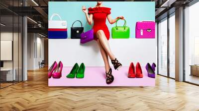 Beautiful legs woman sitting with many bags and shoes. Colourful fashion image. Wall mural