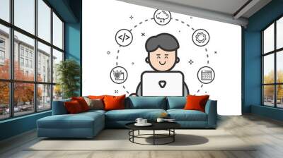 Vector illustration of colored icon in flat line style. Linear cute and happy man with laptop. Graphic design concept of software engineer use in Web Project and Applications Outline isolated object. Wall mural