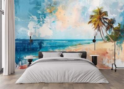 A tropical beach panorama features a wide, serene horizon with turquoise waters meeting a clear blue sky, perfect for relaxation and escape. Wall mural