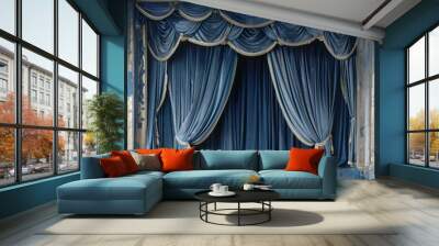 blue velvet curtains frame a theater stage, adding elegance and drama to the performance. The rich texture enhances the entertainment experience in opera and cinema. Wall mural