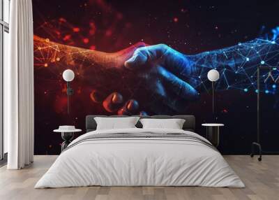 Two hands shake against a dark backdrop with tech details in blue and red, symbolizing collaboration and innovation in a digital age. Wall mural