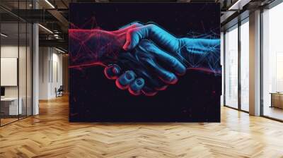 Two hands shake against a dark backdrop with tech details in blue and red, symbolizing collaboration and innovation in a digital age. Wall mural