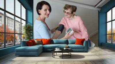 Female doctor checking blood pressure elderly woman  Wall mural