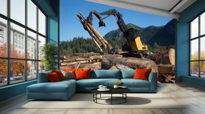 heavy duty machine industrial forestry logger mountain landscape sunny day Wall mural