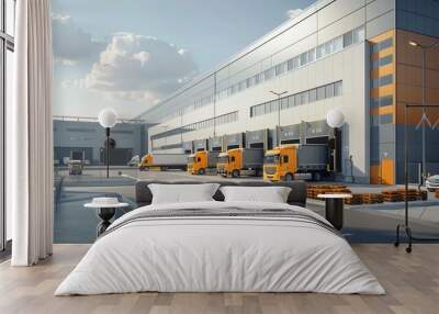 A modern logistics center with trucks and loading docks Wall mural