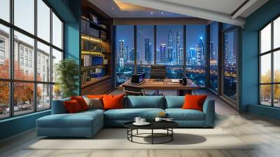 A private office with a panoramic view of the city skyline Wall mural