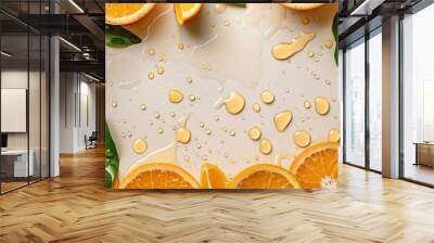 square frame background from many sliced ripe oranges, top view. With a white background at the back Wall mural