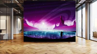 Abstract man on a lake beach glazing at beautiful nebula galaxy Wall mural