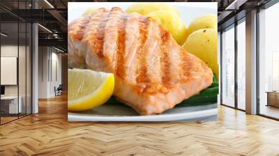 Juicy grilled salmon fillet with string beans and boiled potatoe Wall mural