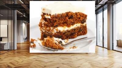 Slice of carrot cake with rich frosting. On plate. Wall mural