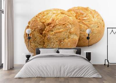 Two round rustic white bread rolls isolated on white. Wall mural