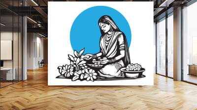  Hand-drawn Engraved Woodcut Vector Illustration of Indian Woman in Saree Performing Pooja with Flowers Wall mural