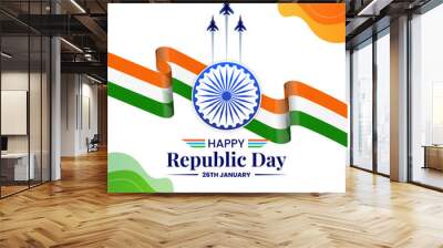 26 january republic day of india celebration with wavy indian flag and fighter jets vector Wall mural