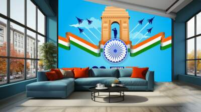 26 january republic day of india celebration with wavy indian flag and india gate vector Wall mural