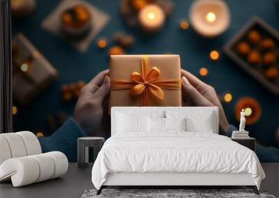 Hands holding a beautifully wrapped gift box with glowing candles in a festive Diwali setting Wall mural