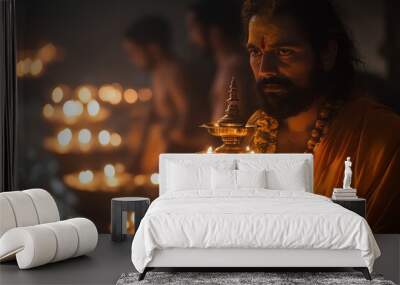 Indian sadhu performing a spiritual pooja with holy fire during traditional Hindu aarati ceremony Wall mural